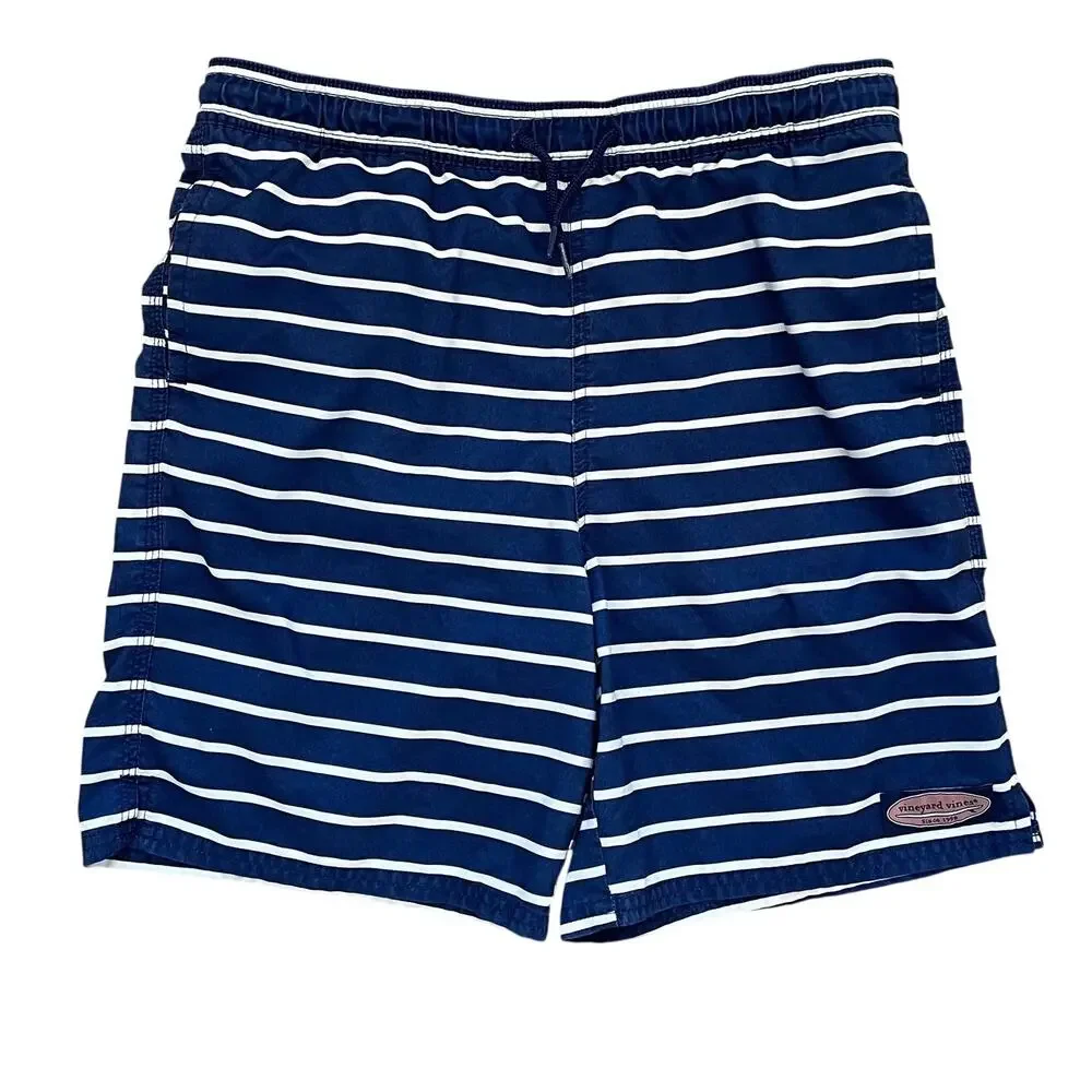 Vineyard Vines Boys Navy Blue Stripe Swim Trunks, Size L (16)
